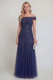 Navy Off The Shoulder A Line Beaded Mother of the Bride Dress with Appliques