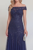 Navy Off The Shoulder A Line Beaded Mother of the Bride Dress with Appliques