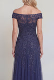 Navy Off The Shoulder A Line Beaded Mother of the Bride Dress with Appliques