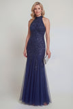 High Neck Mermaid Sequin Appliqued Navy Mum of the Bride Dress