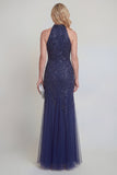 High Neck Mermaid Sequin Appliqued Navy Mum of the Bride Dress