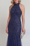 High Neck Mermaid Sequin Appliqued Navy Mum of the Bride Dress