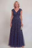 Navy A Line V-Neck Ruched  Appliqued Mum of the Bride Dress with Beading