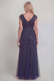 Navy A Line V-Neck Ruched  Appliqued Mum of the Bride Dress with Beading