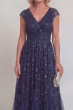 Navy A Line V-Neck Ruched  Appliqued Mum of the Bride Dress with Beading