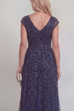 Navy A Line V-Neck Ruched  Appliqued Mum of the Bride Dress with Beading