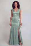 Dark Green Jacquard Mermaid V-Neck Mum of the Bride Dress with Slit