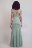 Dark Green Jacquard Mermaid V-Neck Mum of the Bride Dress with Slit