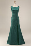 Jacquard Dark Green Mermaid Boat Neck Mum of the Bride Dress with Slit