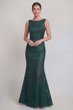 Jacquard Dark Green Mermaid Boat Neck Mum of the Bride Dress with Slit