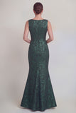 Jacquard Dark Green Mermaid Boat Neck Mum of the Bride Dress with Slit