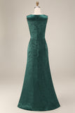 Jacquard Dark Green Mermaid Boat Neck Mum of the Bride Dress with Slit