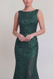 Jacquard Dark Green Mermaid Boat Neck Mum of the Bride Dress with Slit