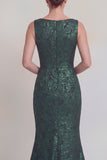 Jacquard Dark Green Mermaid Boat Neck Mum of the Bride Dress with Slit
