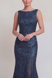 Jacquard Dark Green Mermaid Boat Neck Mum of the Bride Dress with Slit