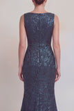 Jacquard Dark Green Mermaid Boat Neck Mum of the Bride Dress with Slit