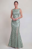 Jacquard Dark Green Mermaid Boat Neck Mum of the Bride Dress with Slit