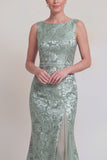 Jacquard Dark Green Mermaid Boat Neck Mum of the Bride Dress with Slit