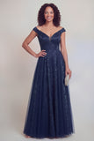 Off The Shoulder Jacquard A Line Navy Long Mother of the Bride Dress