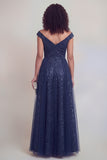 Off The Shoulder Jacquard A Line Navy Long Mother of the Bride Dress