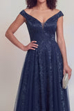 Off The Shoulder Jacquard A Line Navy Long Mother of the Bride Dress