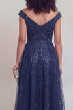 Off The Shoulder Jacquard A Line Navy Long Mother of the Bride Dress