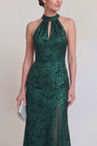 Halter Neck Sage Green Jacquard Mermaid Keyhole Mum of the Bride Dress with Slit