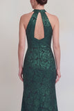 Halter Neck Sage Green Jacquard Mermaid Keyhole Mum of the Bride Dress with Slit