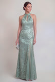 Halter Neck Sage Green Jacquard Mermaid Keyhole Mum of the Bride Dress with Slit