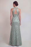 Halter Neck Sage Green Jacquard Mermaid Keyhole Mum of the Bride Dress with Slit