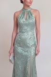 Halter Neck Sage Green Jacquard Mermaid Keyhole Mum of the Bride Dress with Slit