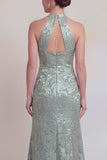 Halter Neck Sage Green Jacquard Mermaid Keyhole Mum of the Bride Dress with Slit