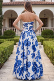White Blue Floral Strapless A Line Printed Wedding Guest Dress