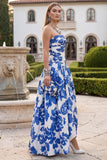 White Blue Floral Strapless A Line Printed Wedding Guest Dress