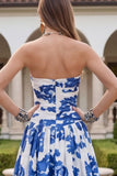 White Blue Floral Strapless A Line Printed Wedding Guest Dress