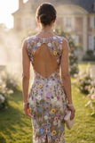 Floral Apricot Appliqued Sheath Spring Wedding Guest Dress