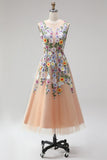 Champagne Flower Round Neck Appliqued A Line Midi Wedding Guest Dress