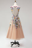 Champagne Flower Round Neck Appliqued A Line Midi Wedding Guest Dress