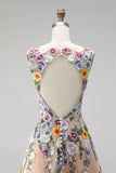 Champagne Flower Round Neck Appliqued A Line Midi Wedding Guest Dress