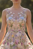 Champagne Flower Round Neck Appliqued A Line Midi Wedding Guest Dress
