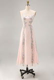 Blush Pink Floral A Line Spaghetti Straps Midi Wedding Guest Dress