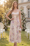 Blush Pink Floral A Line Spaghetti Straps Midi Wedding Guest Dress