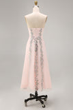 Blush Pink Floral A Line Spaghetti Straps Midi Wedding Guest Dress