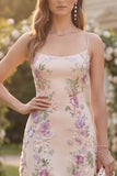Blush Pink Floral A Line Spaghetti Straps Midi Wedding Guest Dress