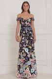 Black Flowers Mermaid Off the Shoulder Wedding Guest Dress
