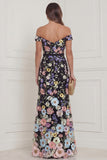 Black Flowers Mermaid Off the Shoulder Wedding Guest Dress