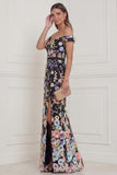 Black Flowers Mermaid Off the Shoulder Wedding Guest Dress