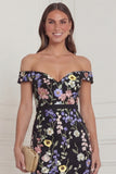 Black Flowers Mermaid Off the Shoulder Wedding Guest Dress