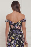 Black Flowers Mermaid Off the Shoulder Wedding Guest Dress