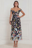 Off the Shoulder Black Flowers Mermaid Midi Wedding Guest Dress